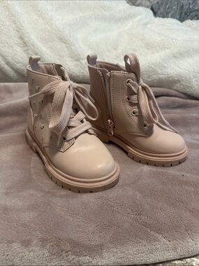 Cat & Jack Girls Blush Pink Lace-Up Ankle Boots with Side Zipper